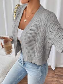 Women's Autumn Casual Business Chunky Knit Cardigan Sweater, Long Sleeve Loose Short Jacket - Grey - View 5
