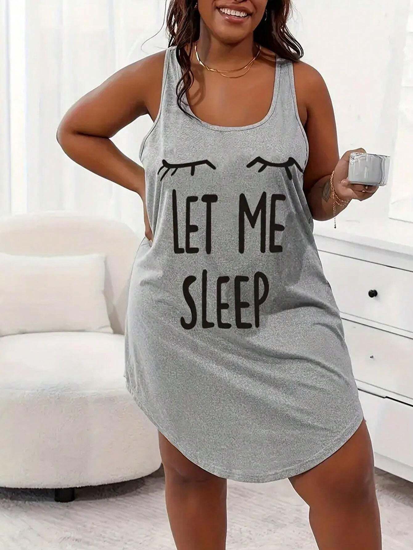 Summer Casual Loungewear Sleepwear, Sleeveless Lash And Letter Print Dress, Moo Moo