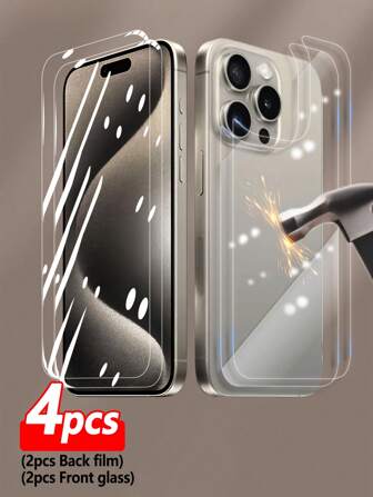 ZYONS 4-Pieces/Set Tempered Glass Back Film Protector(2PCS) + Tempered Glass Front Film Protector(2PCS), Anti-Fall, Anti-Scratch, Compatible With IPhone 17 Pro Max/17 Air/16E/16 Plus/16 Pro/16 Pro Max/15/14/13/12/11/X/8/7 Series