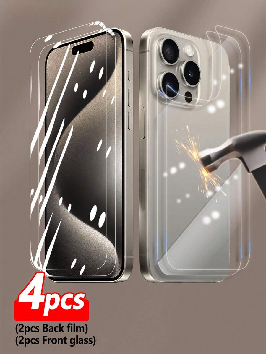 ZYONS Bộ 4 miếng dán cường lực mặt sau (2 miếng) + miếng dán cường lực mặt trước (2 miếng), chống rơi vỡ, chống trầy xước, tương thích với dòng 17 Pro Max/17 Air/16E/16 Plus/16 Pro/16 Pro Max/15/14/13/12/11/X/8/7 - 2 miếng dán mặt sau + 2 mặt kính trước - Xem 1