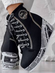 Women's Vintage Newspaper Print Platform Ankle Boots, 2024 Autumn Winter New Lace-Up Zipper Round Toe Wedge Heel Shoes, Back-To-School Fall Season Booties - Black - View 3