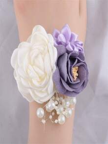 1 件紫玫瑰和奶油山茶花腕花套装、伴娘婚礼配饰、舞会胸花 - 紫色 - 查看 2