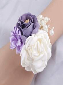 1 件紫玫瑰和奶油山茶花腕花套装、伴娘婚礼配饰、舞会胸花 - 紫色 - 查看 3