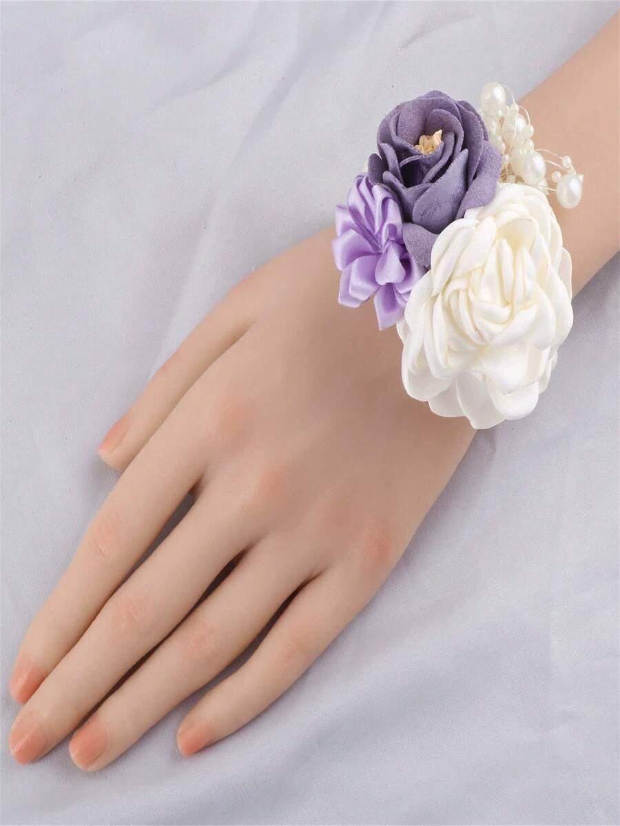 1 件紫玫瑰和奶油山茶花腕花套装、伴娘婚礼配饰、舞会胸花 - 紫色 - 查看 1