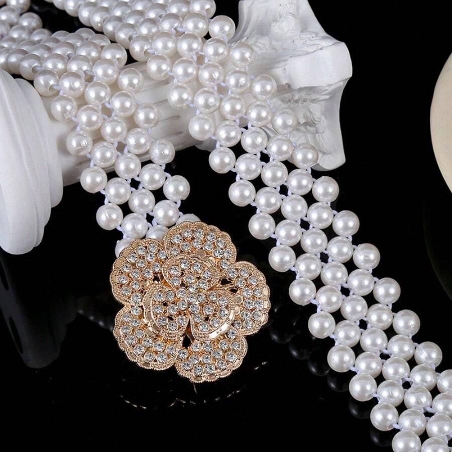Pearl Belt With Elastic Shiny Glitter Rhinestone With Braided Fashion Gifts 2024 - J - 查看 1
