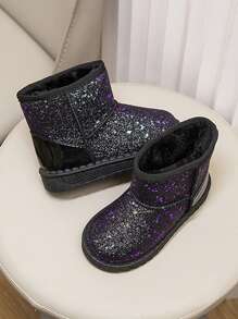 2024 新款儿童冬季亮片雪地靴，幼儿女童男童加厚保暖冬鞋，适合冬季露营户外（鞋底图案随机） - 黑色 - 查看 3