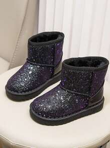 2024 新款儿童冬季亮片雪地靴，幼儿女童男童加厚保暖冬鞋，适合冬季露营户外（鞋底图案随机） - 黑色 - 查看 1