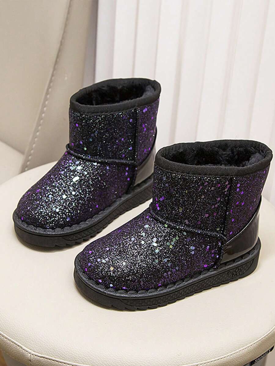 2024 新款儿童冬季亮片雪地靴，幼儿女童男童加厚保暖冬鞋，适合冬季露营户外（鞋底图案随机） - 黑色 - 查看 1