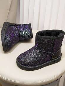 2024 新款儿童冬季亮片雪地靴，幼儿女童男童加厚保暖冬鞋，适合冬季露营户外（鞋底图案随机） - 黑色 - 查看 5