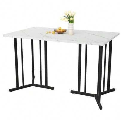 Mesa de comedor de 140 x 80 cm (1 pieza), mesa de cocina, estructura de metal única, mesa de comedor rectangular hecha con un moderno diseño de mármol, mesa de cocina con pies ajustables para comedor, sala de estar, blanco/negro