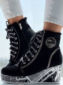 Women's Vintage Newspaper Print Platform Ankle Boots, 2024 Autumn Winter New Lace-Up Zipper Round Toe Wedge Heel Shoes, Back-To-School Fall Season Booties - Black - View 9