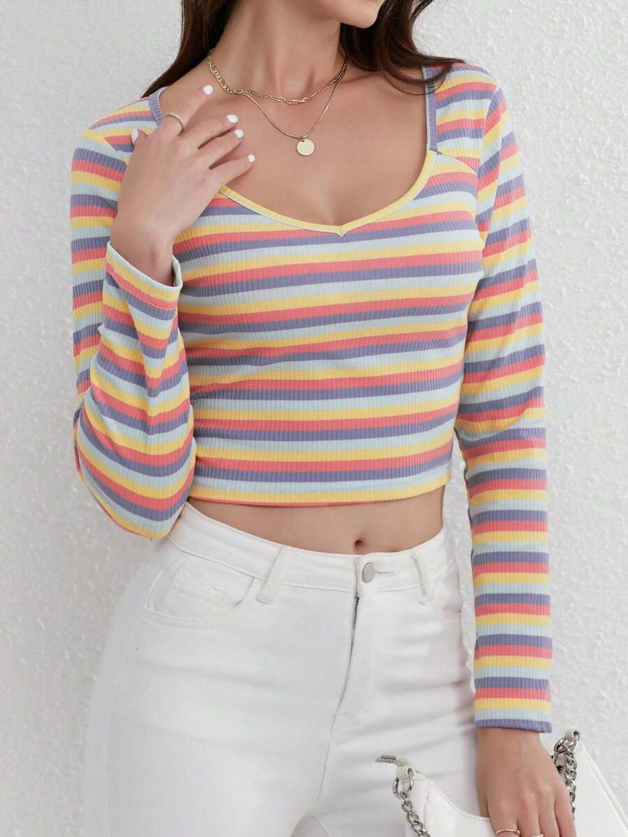 Women's V-Neck Colorful Striped Long Sleeve Cropped Fitted T-Shirt, Spring & Autumn - Multicolor - View 1