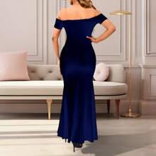 Elegant Off-The-Shoulder Side-Slit Dress". - Navy Blue - View 2