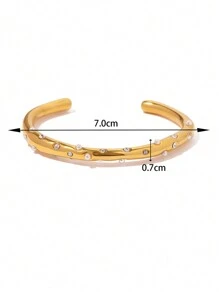 1pc Retro INS 2024 New Stainless Steel Gold Pearl Zirconia Bracelet, Suitable For Women, Everyday Wear, Jewelry Gift, USA