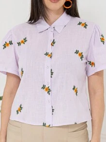 Imported Women's Small Clothes, Button-Down Cardigan, Short-Sleeved Model, Decorated With Many Flowers All Over The Body, And The Neckline Is Everted. The Collar Number Is CMZ201. - 紫色 - 查看 4