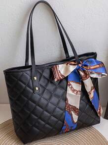 1 pieza Bolso tote acolchado con bordado de diamantes, gran capacidad, ligero y versátil para desplazamientos, con decoración de bufanda - Negro - Ver 2