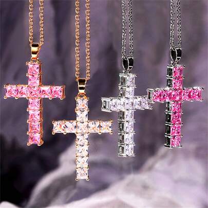 1pc New Fashion Necklace Women's Pendant Gold Multi Color Crystal Jesus Cross Pendant Women's Necklace Casual Jewelry