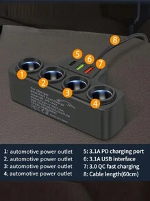 1pc 12V 24V Universal Car Charging Plug With One To FourQC3.0+USB+PD Fast Charging Interface Car Accessories, Car Charger - Black - View 6