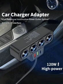 1pc 12V 24V Universal Car Charging Plug With One To FourQC3.0+USB+PD Fast Charging Interface Car Accessories, Car Charger - Black - View 2