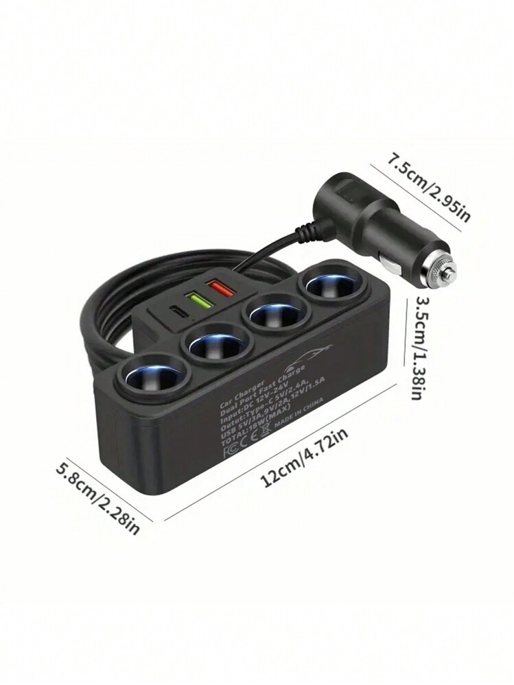 1个12V 24V通用汽车充电插头带一分四QC3.0+USB+PD快速充电接口汽车配件，车载充电器 - 黑色 - 查看 8