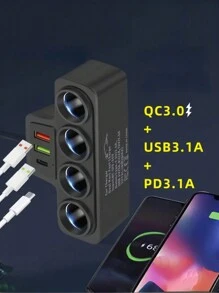 1pc 12V 24V Universal Car Charging Plug With One To FourQC3.0+USB+PD Fast Charging Interface Car Accessories, Car Charger - Black - View 5