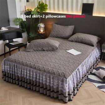 3件套毛绒蕾丝床裙套装（1床裙+2枕套），蕾丝边设计，时尚美观，吸湿排汗，透气，抗皱，无噪音，可拆卸床垫保护套