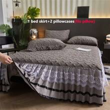 3pcs/Set Plush Lace Bedskirt Set (1 Bedskirt + 2 Pillowcases), Lace Trim Design, Fashionable And Beautiful, Moisture-Wicking, Breathable, Wrinkle-Resistant, Noise-Free, Removable Mattress Protector - High-grade Gray - View 4