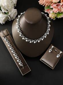 4 件女士优雅时尚首饰套装 - 项链、耳环、手链、合金人造珍珠和水钻镶嵌、项链、手链、耳环、新娘礼服配饰、节日礼物 - 項鍊耳環手鍊套裝 - 查看 6