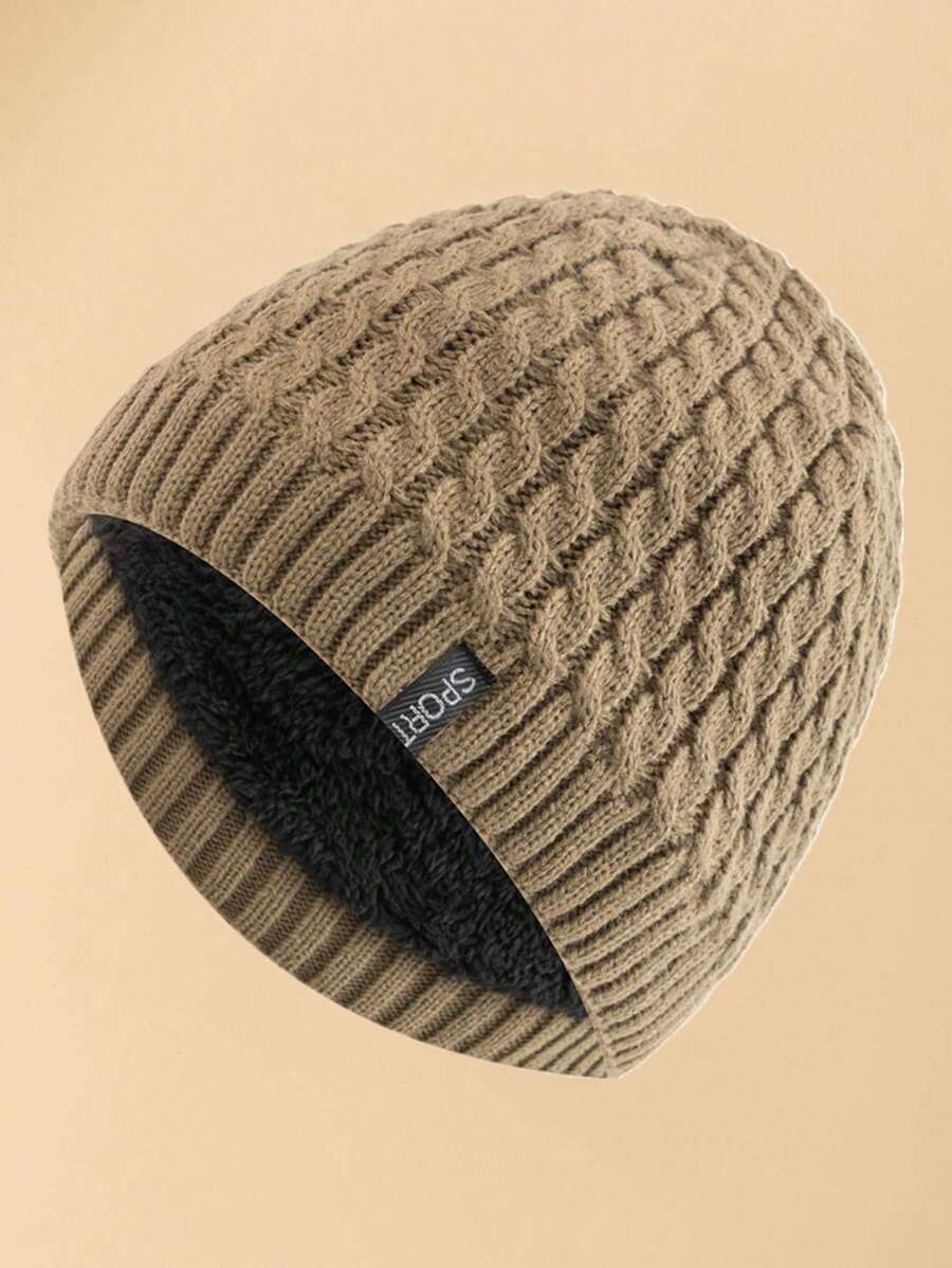 JZML 1pc Men Letter Label Detail Knit Beanie - Khaki - View 1