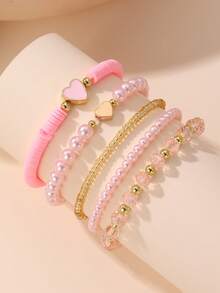 5pcs/Set Girls Heart Soft Clay Pearl Beaded Bracelet Set Suitable For Daily Decoration - 5PCS - View 10