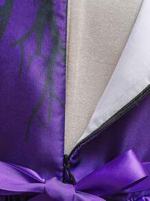 Young Girls' Halloween Pumpkin & Bat Print Satin Party Dress, Princess Style, Fabric Pattern Random, Excluding Hair Accessories - Purple - View 8