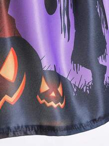 Young Girls' Halloween Pumpkin & Bat Print Satin Party Dress, Princess Style, Fabric Pattern Random, Excluding Hair Accessories - Purple - View 7