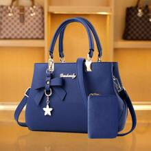 2pcs/Set Ladies' Solid Color Handbag And Card Pouch With Bow Knot Pendant,Pu Material Shoulder Bag For Daily Life,Leisure Time,Shopping,Business And Work Commute,School Bag Set,Portable,Classic Casual,Business Casual,For Teen Girls Women College Students,White-Collar Workers,College,Perfect For Office,Elementary School
