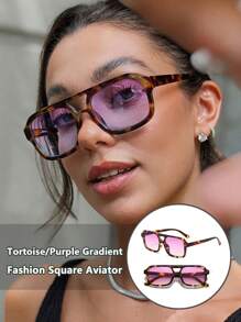 Women's Square Aviator Fashion Fashion Glasses, Retro 70s Double Bridge, Men's Aviator Vintage, Purple Lens - Classic Pilot - View 7