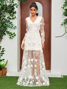 女士白色长袖薄纱新娘婚纱，花卉刺绣蕾丝深V领正式礼服 - 白色 - 查看 5