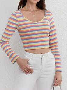 Women's V-Neck Colorful Striped Long Sleeve Cropped Fitted T-Shirt, Spring & Autumn - Multicolor - View 3