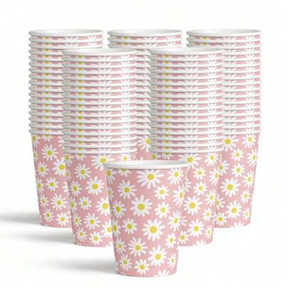 60pcs/Set Disposable Party Supplies Floral-Shaped Tableware Set, Including Daisy Patterned Paper Cups, Plates And Dessert Plates, Cold Drink And Coffee Cups For Birthday Party, Wedding, BBQ