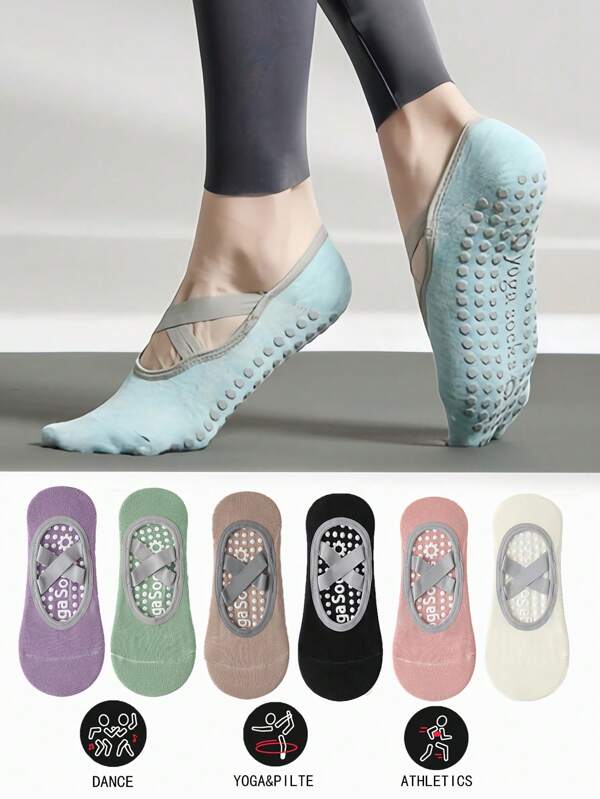 1 Pair/3 Pairs/5 Pairs Of Anti Slip Grip Yoga Socks, Breathable Cross Band Invisible Sports Indoor Socks, Silicone Anti Slip Dance Socks