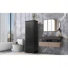 Storage Cabinet With 2 Doors And 4 Drawers For Bathroom, Office, Adjustable Shelf, MDF Board With Painted Finish, Black Mo-Autos