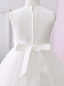 Girls Handcraft Ruched Sleeveless Mesh Elegant Recital Dress - White - View 7