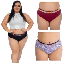 kit 5 Calcinhas tangão Plus Size  BIG LOVE Cintura Alta Com Cós Largo de Algodão Cotton  Ref026 - Multicolorido - Visão 3