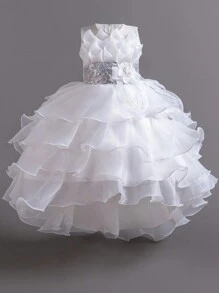 Tween Girl Multilayer Sequins Tulle Dress, Low-High Hem Cocktail Party Princess Gown, Suitable For Wedding,Graduation,All Seasons - White - View 5