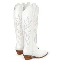 Ouepiano Cowboy Boots For Women Knee High Wide Calf Cowgirl Boots Embroidered Chunky Heels Pointed Toe Long Tall Western Boot Pull On - trắng - Xem 8