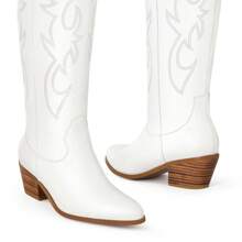 Ouepiano Cowboy Boots For Women Knee High Wide Calf Cowgirl Boots Embroidered Chunky Heels Pointed Toe Long Tall Western Boot Pull On - trắng - Xem 2