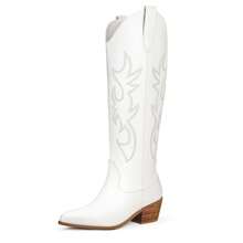Ouepiano Cowboy Boots For Women Knee High Wide Calf Cowgirl Boots Embroidered Chunky Heels Pointed Toe Long Tall Western Boot Pull On - trắng - Xem 1