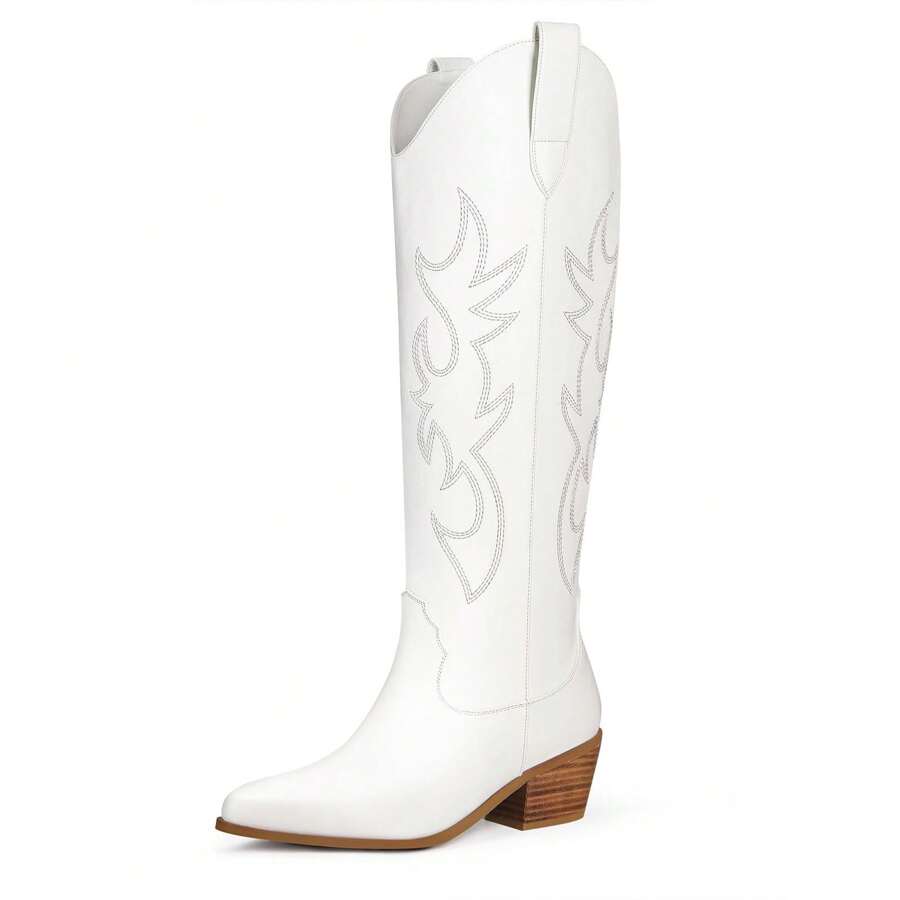 Ouepiano Cowboy Boots For Women Knee High Wide Calf Cowgirl Boots Embroidered Chunky Heels Pointed Toe Long Tall Western Boot Pull On - trắng - Xem 1