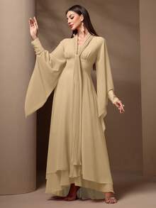 Women's Solid Color Ruffle Hem Elegant Long Sleeve Dress - Apricot - View 4