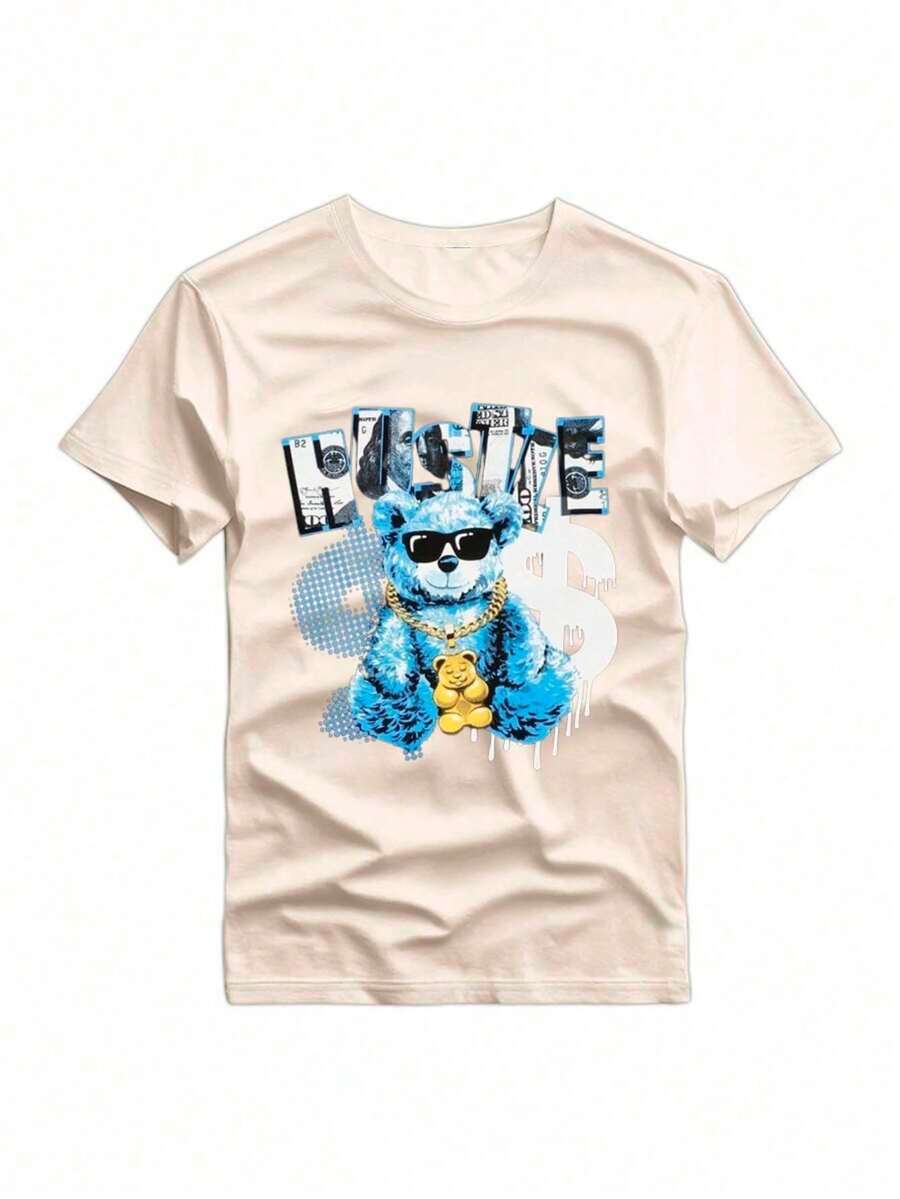 HUSTLE Summer Casual Printed Short Sleeve T-Shirt For Men, Sports And Casual Style, Fashionable Round Neck T-Shirt, Suitable For Daily Wear - Màu be - Xem 1