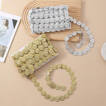 Size 1, Length 2.6cm, Width Gold Silver Flower Shaped UV Thread Diamond Headpiece Material, Hair Accessories, Chain Accessories, Electroplated Tassel Lace, Diy Clothing Decoration Accessories, Edging
