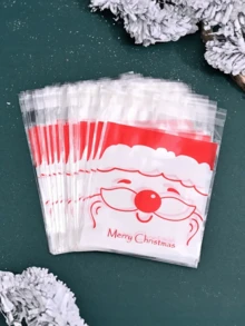 40 peças Bolsas de Embalagem Autoadesivas com Estampa de Papai Noel e Impressão de Letra "Feliz Natal" para Padaria, Doces, Biscoitos em Forma de Floco de Neve, Decorações de Natal com Bottom Vermelho, Decorações de Natal, Presentes de Natal, Suprimentos para Festa de Natal, Sacolas de Presente de Natal, Sacolas de Natal, Adesivos de Natal - Transparente - Visão 6